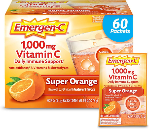 Emergen-C 1000Mg Vitamin C Powder for Daily Immune Support Caffeine Free Vitamin C Supplements with Zinc and Manganese, B Vitamins and Electrolytes, Super Orange Flavor -60 Count(Pack of 1)