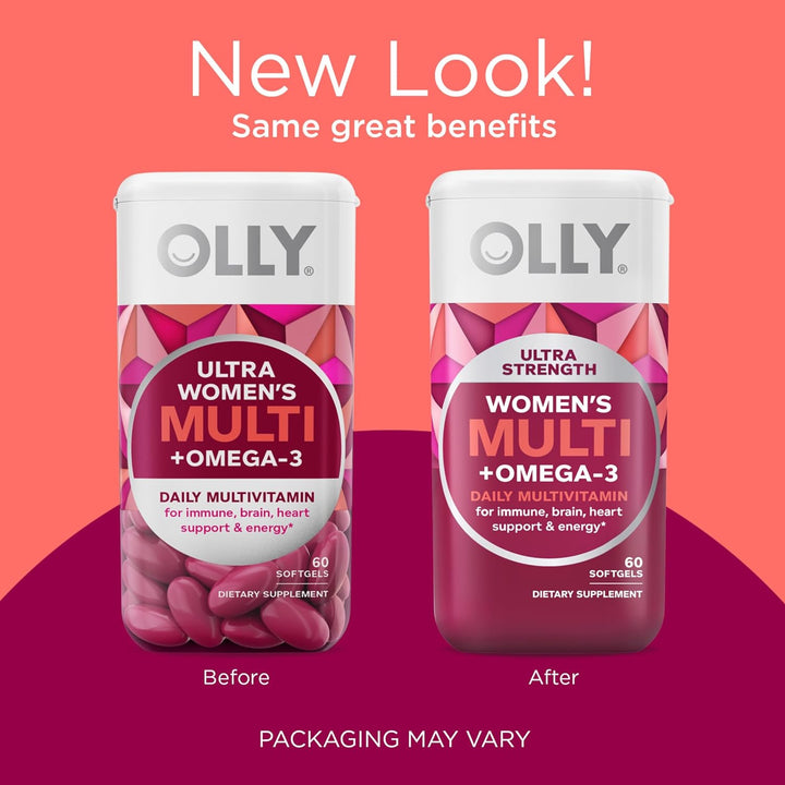 OLLY Women'S Multi + Omega-3 Ultra Strength Softgels and Flawless Complexion Berry Gummies - 60 Count and 50 Count