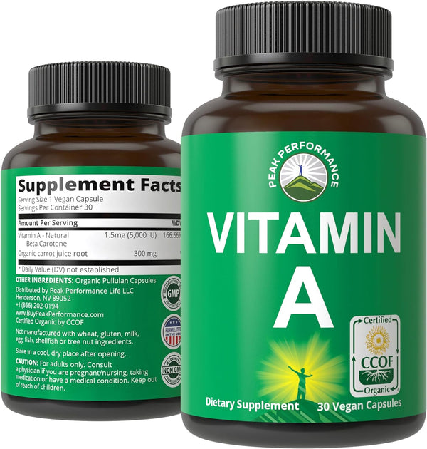 Peak Performance Certified Organic Vitamin a 5000 IU Supplement Capsules High Potency Vitamins Made with Organic Carrot Juice. Great for Immune, Skin, Eye Support. Non GMO, Vegan Pills, Tablets