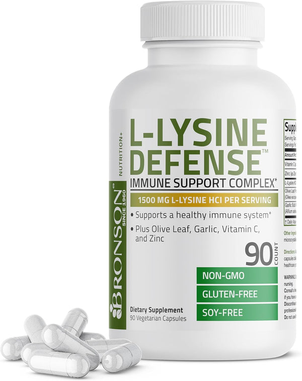 Bronson L-Lysine Defense Immune Support Complex 1500 MG L-Lysine plus Olive Leaf, Garlic, Vitamin C and Zinc - Non-Gmo, 90 Vegetarian Capsules