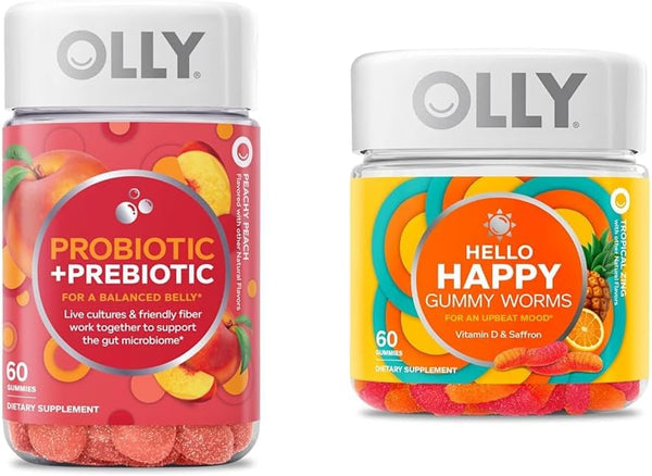OLLY Probiotic + Prebiotic Gummy Digestive Support 60 Count and Hello Happy Gummy Worms Mood Balance Support 60 Count Bundle