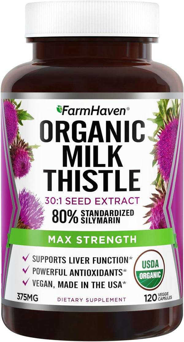 Farmhaven USDA Organic Milk Thistle Capsules |30X Concentrated Seed Extract & 80% Silymarin Standardized - Supports Liver Function and Overall Health | Non-Gmo | 120 Veggie Capsules