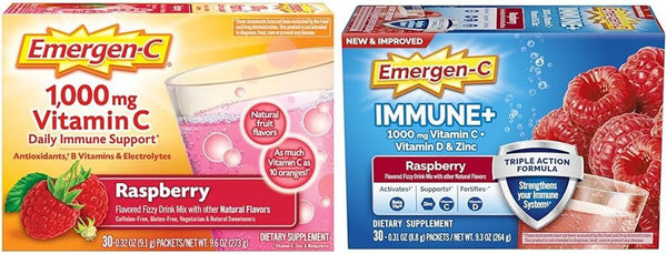Emergen-C 1000Mg Vitamin C Powder & Immune+ Triple Action Immune Support Powder, Betavia (R), 1000Mg Vitamin C, B Vitamins, Vitamin D and Antioxidants, Raspberry – 30 Count