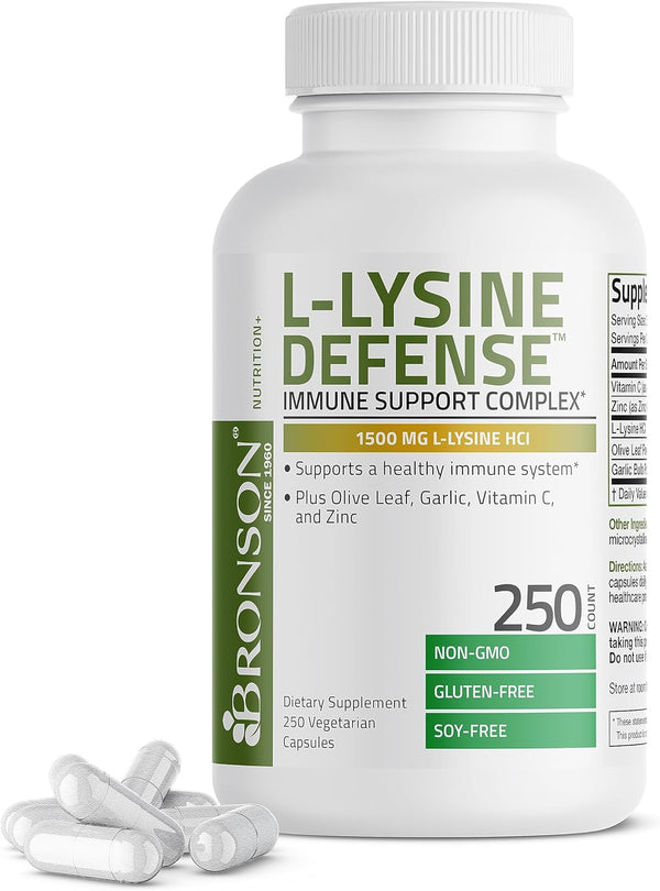 Bronson L-Lysine Defense Immune Support Complex 1500 MG L-Lysine plus Olive Leaf, Garlic, Vitamin C and Zinc - Non-Gmo, 250 Vegetarian Capsules