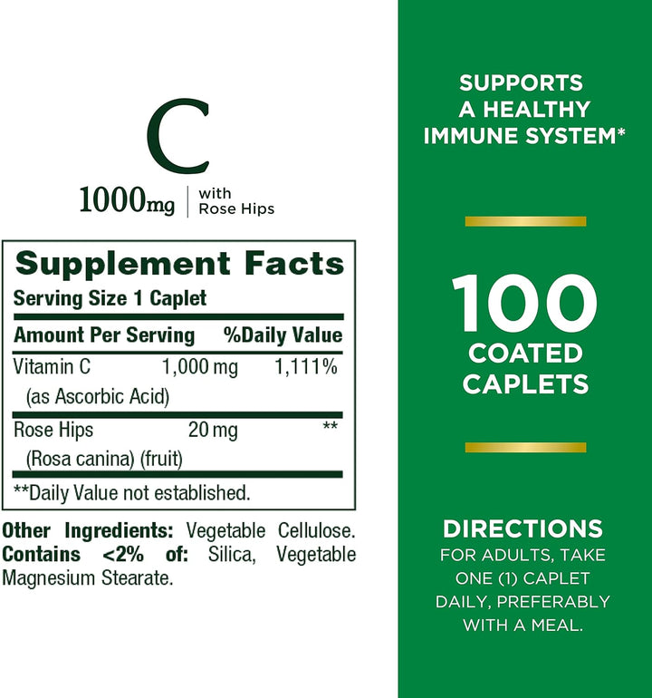 Nature'S Bounty Vitamin C + Rose Hips, Immune Support, 1000Mg, Coated Caplets, 100 Ct