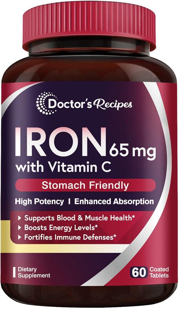 Doctor'S Recipes Iron 65 Mg Carbonyl Iron with Vitamin C, Maximized Absorption Easy on the Stomach, Red Cells Formation, Blood, Heart, Brain, Muscle & Immunity Health, Vegan Non-Gmo 60 Tablets