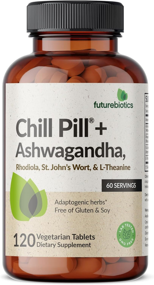 Futurebiotics Chill Pill + Ashwagandha, Rhodiola, St. John’S Wort, & L-Theanine 2000 MG per Serving - Non-Gmo, 120 Vegetarian Tablets