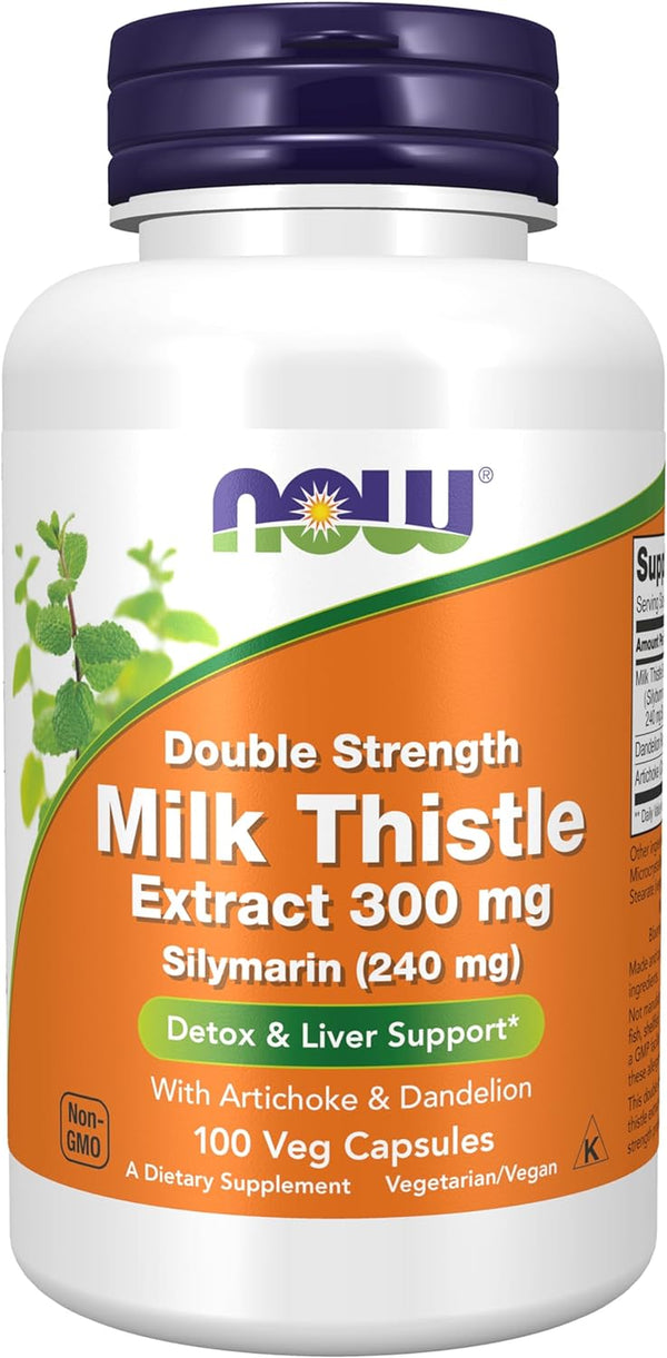 NOW Supplements, Silymarin Milk Thistle Extract 300 Mg with Artichoke and Dandelion, Double Strength, Supports Liver Function*, 100 Veg Capsules