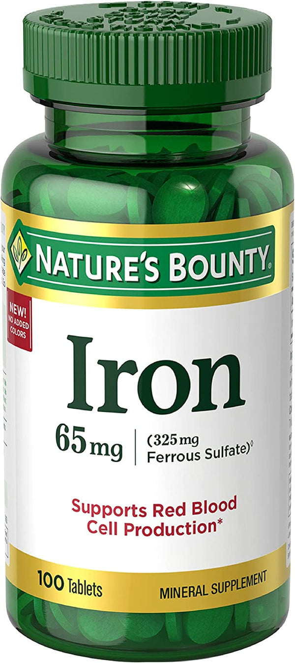 Nature'S Bounty Iron 65Mg, 325 Mg Ferrous Sulfate, Cellular Energy Support, Promotes Normal Red Blood Cell Production, 100 Tablets