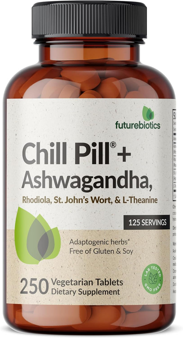 Futurebiotics Chill Pill + Ashwagandha, Rhodiola, St. John’S Wort, & L-Theanine 2000 MG per Serving - Non-Gmo, 250 Vegetarian Tablets