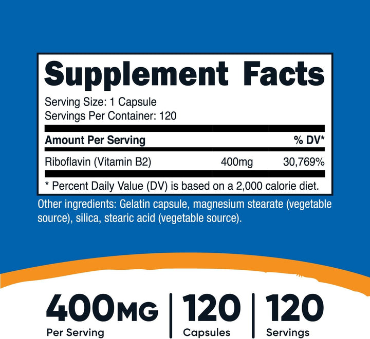 Nutricost Vitamin B2 (Riboflavin) 400Mg, 120 Capsules - Gluten Free, Non-Gmo