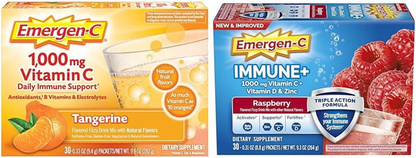 Emergen-C 1000Mg Vitamin C Powder, with Antioxidants & Immune+ Triple Action Immune Support Powder, Betavia (R), 1000Mg Vitamin C, B Vitamins, Vitamin D and Antioxidants, Raspberry – 30 Count