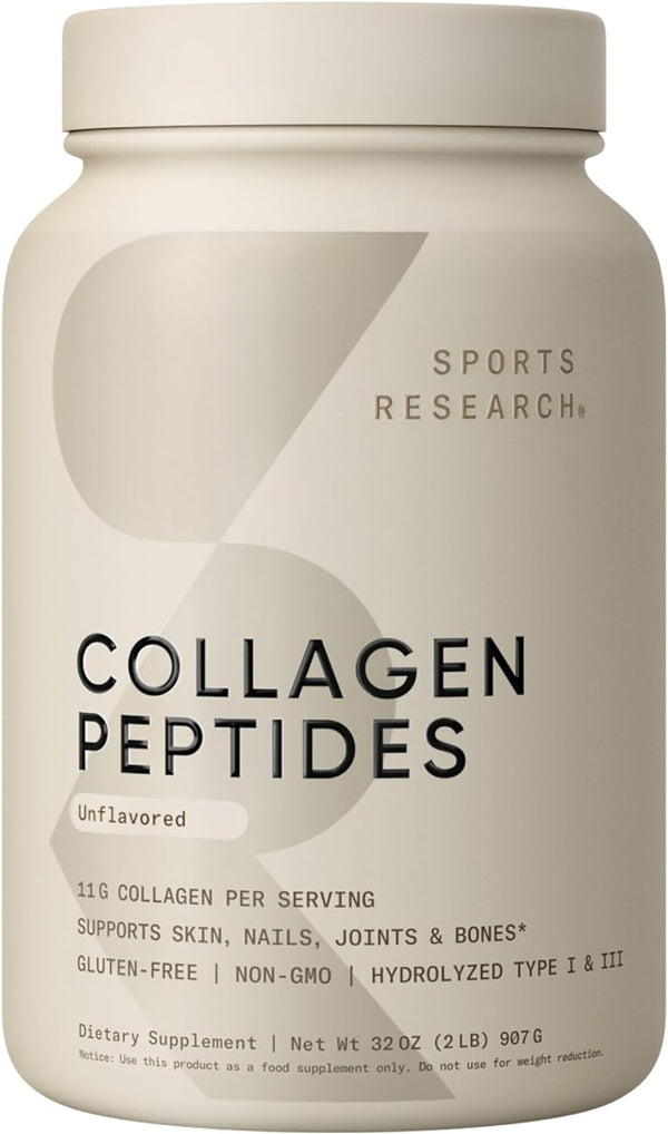 Sports Research Collagen Peptides - Hydrolyzed Type 1 & 3 Collagen Powder Protein Supplement for Healthy Skin, Nails, & Joints - Easy Mixing Vital Nutrients & Proteins, Collagen for Women & Men