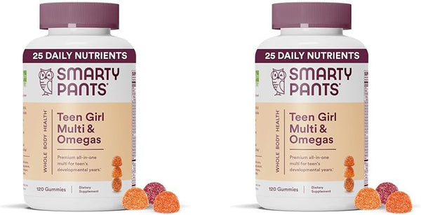 Smartypants Teen Girl Multivitamin Gummies: Omega 3 Fish Oil (EPA/DHA), Vitamin D3, C, Vitamin B12, B6, Vitamin A, K & Zinc, Gluten Free, Three Fruit Flavors, 120 Count (30 Day Supply) (Pack of 2)