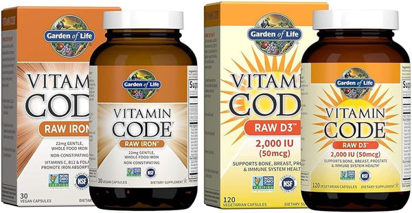 Garden of Life Vitamin Code Raw Iron 30Ct Capsules & D3 - Vitamin Code Whole Food Raw D3 Vitamin Supplement, 2000 Iu