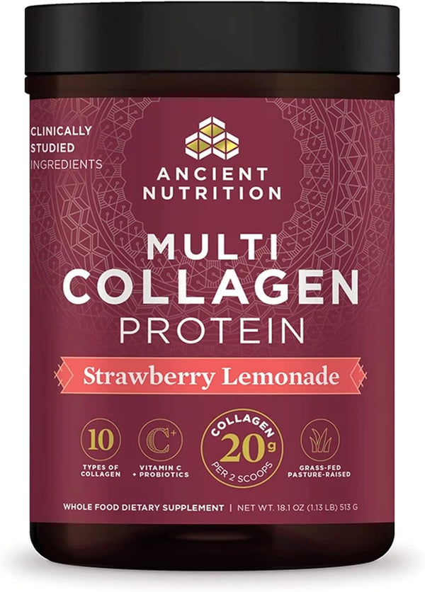 Ancient Nutrition Collagen Powder Protein, Multi Collagen Protein Powder, Strawberry Lemonade, 45 Servings, W/Vitamin C, Hydrolyzed Collagen Peptides for Skin, Nails, Gut Health and Joints, 18.1Oz