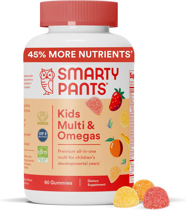 Smartypants Kids Multivitamin Gummies: Omega 3 Fish Oil (EPA/DHA), Vitamin D3, C, Vitamin B12, B6, Vitamin A, K & Zinc for Immune Support, Gluten Free, Three Fruit Flavors, 90 Count (22 Day Supply)
