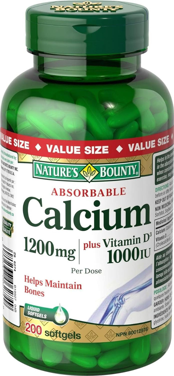 Nature'S Bounty Absorbable Calcium plus Vitamin D3 1200 Mg, 200 Softgels