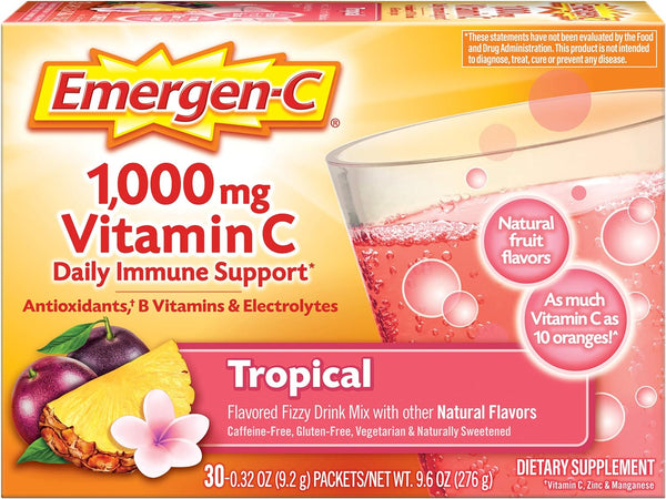 Emergen-C 1000Mg Vitamin C Powder, with Antioxidants, B Vitamins and Electrolytes, Vitamin C Supplements for Immune Support, Caffeine Free Fizzy Drink Mix, Tropical Flavor - 30 Count/1 Month Supply
