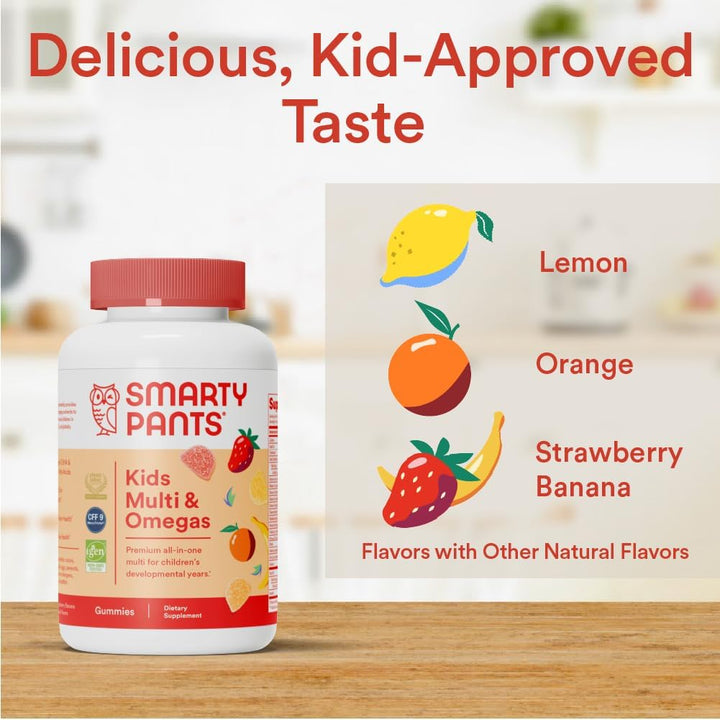 Smartypants Kids Multivitamin Gummies: Omega 3 Fish Oil (EPA/DHA), Vitamin D3, C, Vitamin B12, B6, Vitamin A, K & Zinc for Immune Support, Gluten Free, Three Fruit Flavors, 90 Count (22 Day Supply)