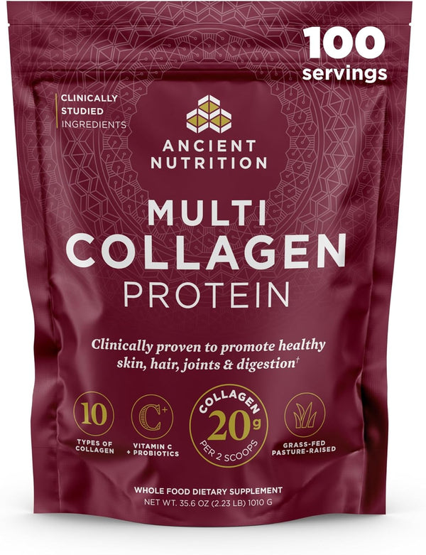 Ancient Nutrition Collagen Powder Protein with Probiotics, Unflavored Multi Collagen Protein with Vitamin C, 100 Servings, Hydrolyzed Collagen Peptides Supports Skin and Nails, Gut Health, 35.6 Oz