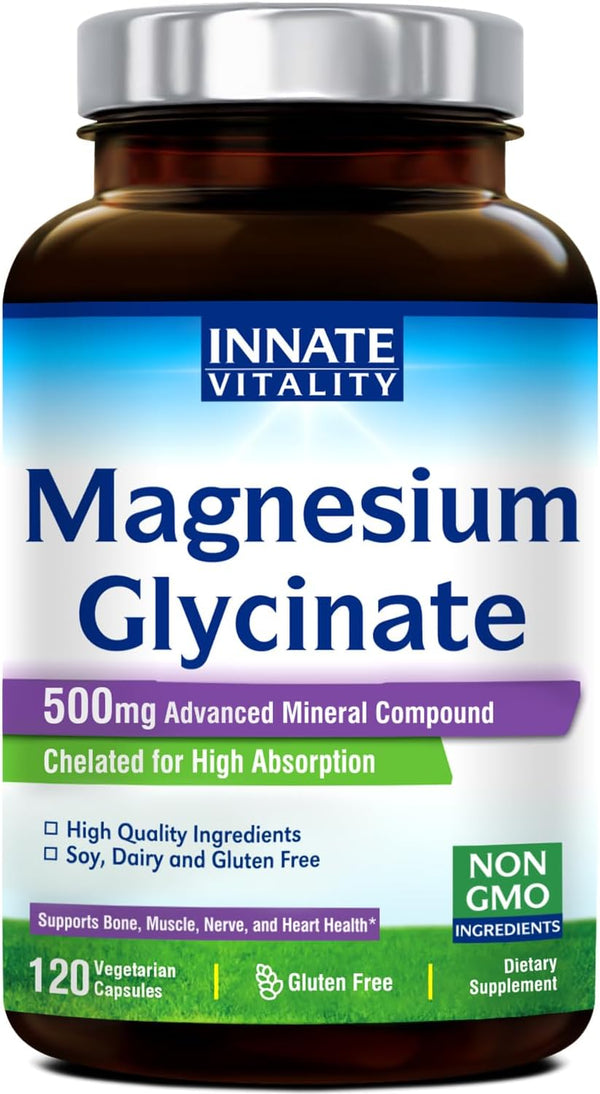Innate Vitality Magnesium Glycinate 500Mg, 70Mg Elemental Magnesium per Cap, High Absorption, Non-Gmo No Gluten, Nerve, Muscle, Bone, Heart Health, 120 Veggie Capsules