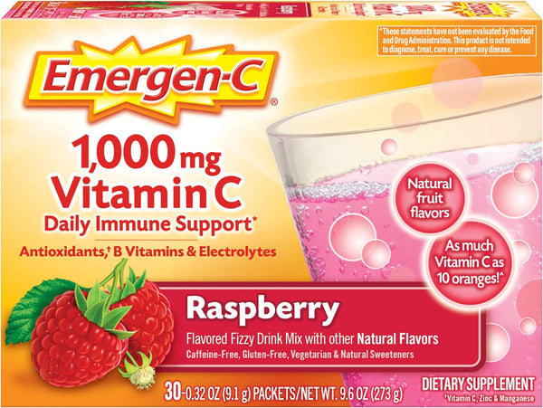Emergen-C 1000Mg Vitamin C Powder, with Antioxidants, B Vitamins and Electrolytes, Supplements for Immune Support, Caffeine Free Fizzy Drink Mix, Raspberry Flavor - 30 Count/1 Month Supply