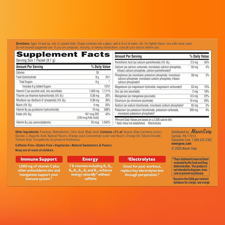 Emergen-C 1,000 Mg Vitamin C Dietary Supplement Drink Mix, Super Orange/Raspberry/Tropical, 90 Packets, Net Wt. 28.5 Oz.