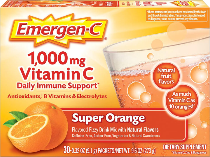Emergen-C 1000Mg Vitamin C Powder, with Antioxidants, B Vitamins and Electrolytes, Supplements for Immune Support, Caffeine Free Fizzy Drink Mix, Raspberry Flavor - 30 Count/1 Month Supply