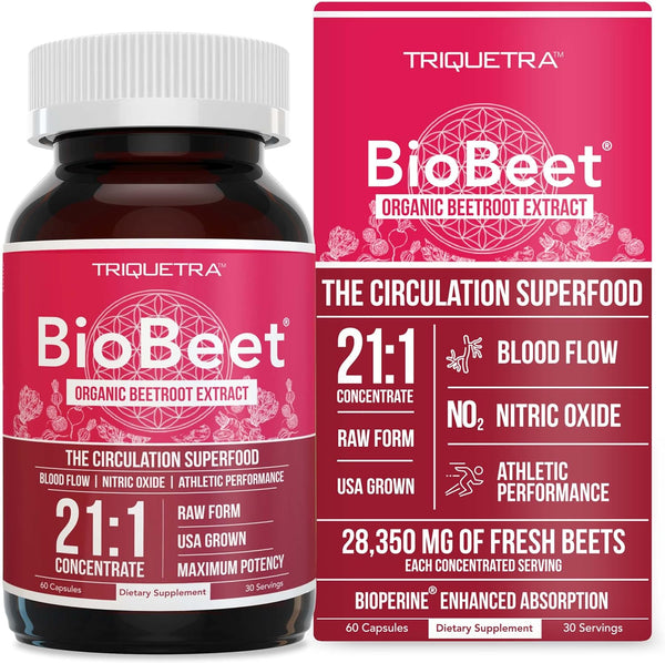 Biobeet® Max Strength Beet Root Capsules - 21:1 Concentrate, Each Serving Derived from 28,350 Mg Organic Beetroot - Absorption Enhancement with Bioperine® Black Pepper Extract (60 Capsules)