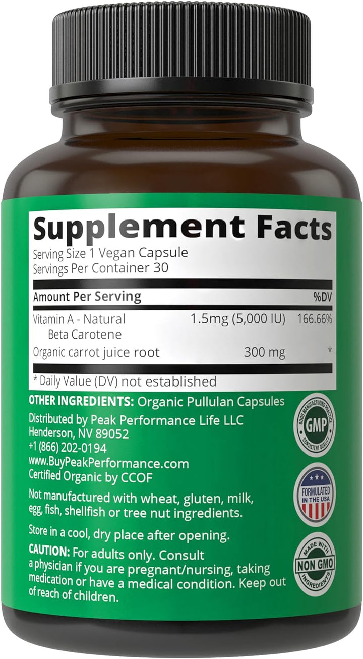 Peak Performance Certified Organic Vitamin a 5000 IU Supplement Capsules High Potency Vitamins Made with Organic Carrot Juice. Great for Immune, Skin, Eye Support. Non GMO, Vegan Pills, Tablets