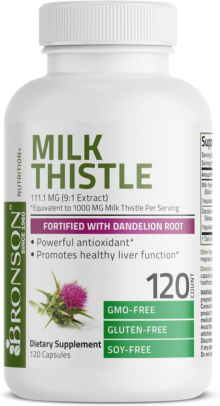 Bronson Milk Thistle Silymarin Marianum & Dandelion Root Liver Health Support, Antioxidant Support, Detox, 120 Capsules