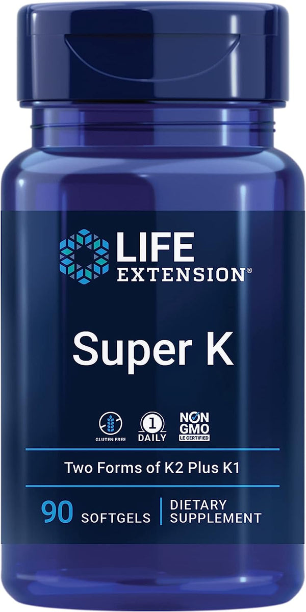 Life Extension Super K, Vitamin K1, Vitamin K2 Mk-7, Vitamin K2 Mk-4, Vitamin C, Bone/Heart/Arterial Health, 3-Month Supply, Gluten-Free, 1 Daily, Non-Gmo, 90 Softgels