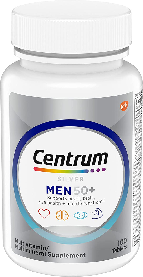 Centrum Silver Multivitamin for Men 50 Plus, Multimineral Supplement, Vitamin D3, B-Vitamins and Zinc, Gluten Free, Non-Gmo Ingredients, Supports Memory and Cognition in Older Adults - 100 Ct