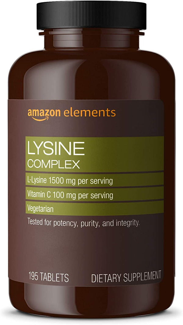 Amazon Elements Lysine Complex with Vitamin C (1500 Mg L-Lysine with 100 Mg Vitamin C per Serving - 3 Tablets), Supports Immune Health, Vegetarian, 195 Count (Packaging May Vary)