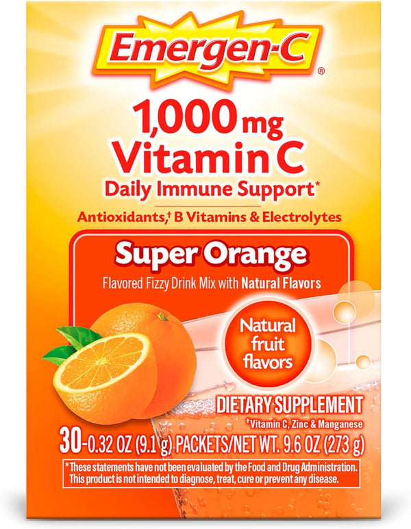 Emergen-C 1000Mg Vitamin C Powder for Daily Immune Support Caffeine Free Vitamin C Supplements with Zinc and Manganese, B Vitamins and Electrolytes, Super Orange Flavor - 10 Count