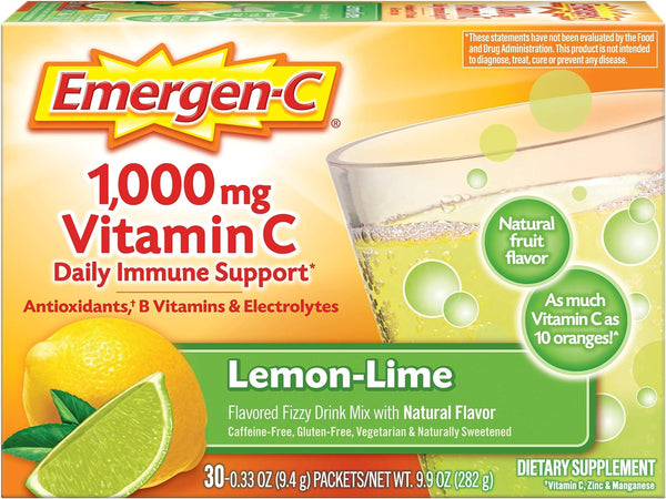 Emergen-C 1000Mg Vitamin C Powder, with Antioxidants, B Vitamins and Electrolytes, Vitamin C Supplements for Immune Support, Caffeine Free Fizzy Drink Mix, Lemon Lime Flavor - 30 Count/1 Month Supply