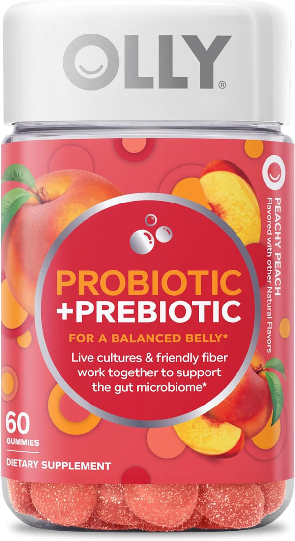 OLLY Probiotic + Prebiotic Gummy, Digestive Support and Gut Health, 500 Million Cfus, Fiber, Adult Chewable Supplement for Men and Women, Peach, 30 Day Supply - 60 Count
