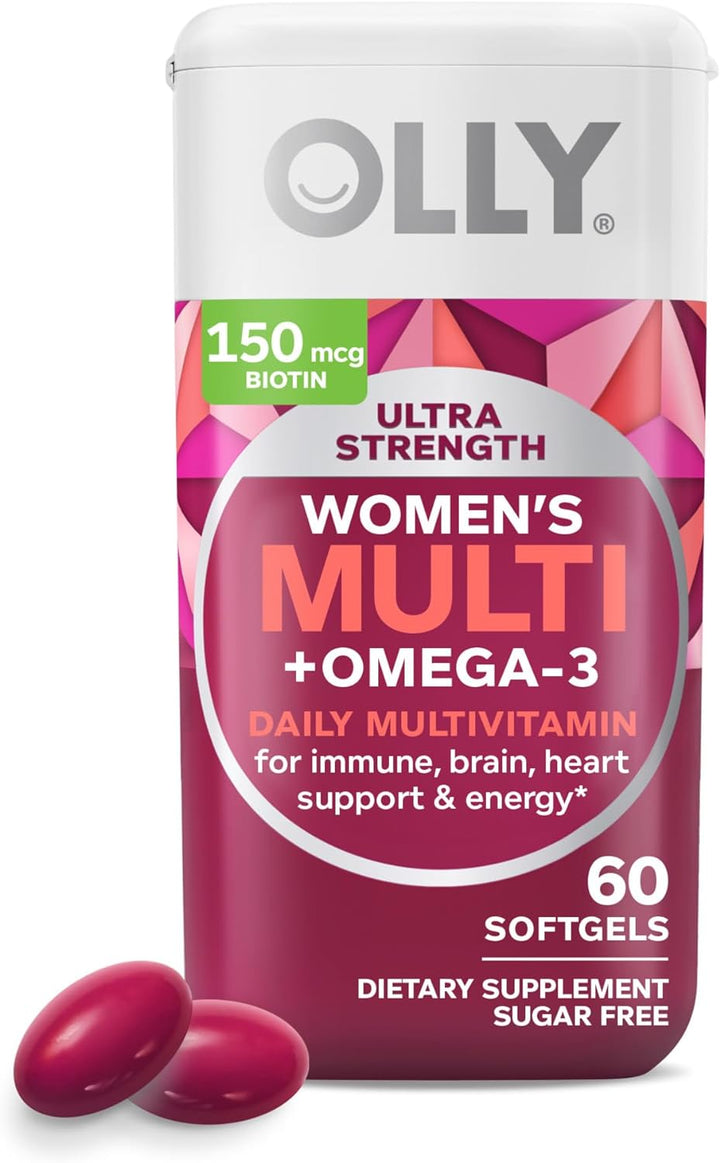 OLLY Women'S Multi + Omega-3 Ultra Strength Softgels and Flawless Complexion Berry Gummies - 60 Count and 50 Count