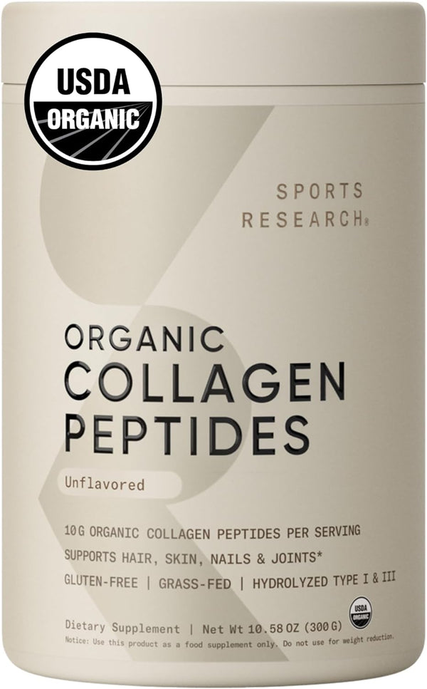 Sports Research Organic Collagen Peptides - Hydrolyzed Type I & III Collagen Protein Powder Made Sustainably from Grass-Fed Cows - Unflavored - 30 Servings