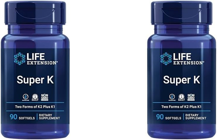 Life Extension Super K, Vitamin K1, Vitamin K2 Mk-7, Vitamin K2 Mk-4, Vitamin C, Bone/Heart/Arterial Health, 3-Month Supply, Gluten-Free, 1 Daily, Non-Gmo, 90 Softgels (Pack of 2)
