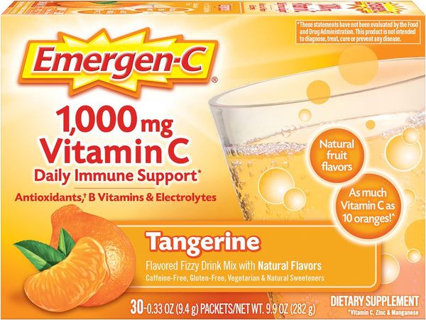 Emergen-C 1000Mg Vitamin C Powder, with Antioxidants, B Vitamins and Electrolytes, Vitamin C Supplements for Immune Support, Caffeine Free Fizzy Drink Mix, Tangerine Flavor - 30 Count