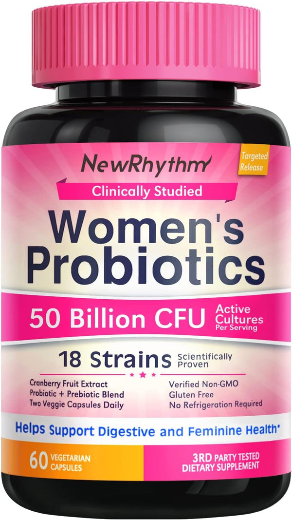 Newrhythm Women'S Probiotics, Organic Cranberry for Feminine Health, 50 Billion CFU 18 Strains, Probiotics with Prebiotics, No Refrigeration Needed, 60 Vegan Capsules