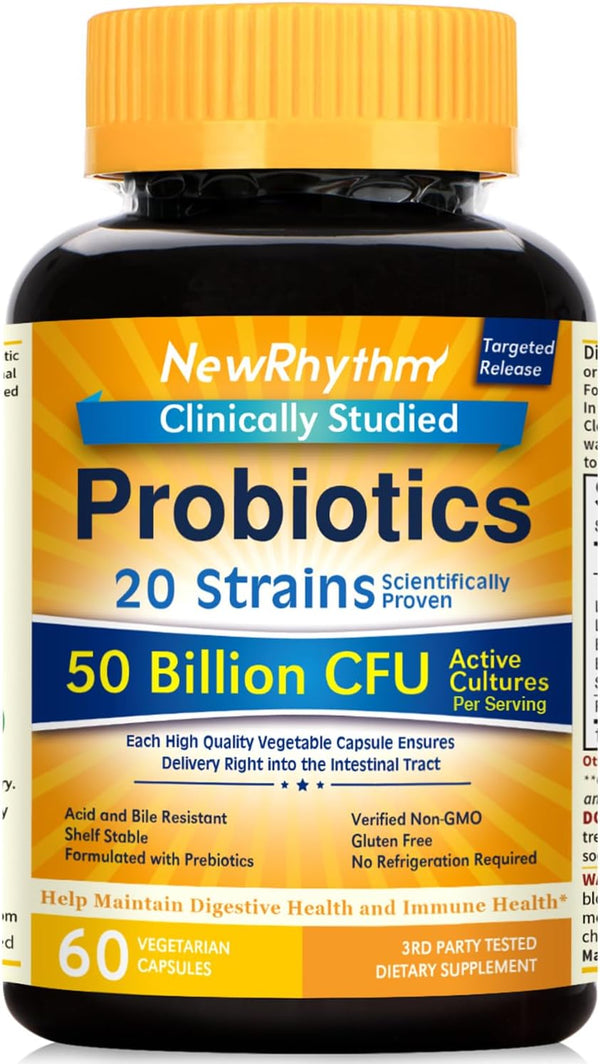 Newrhythm Probiotics 50 Billion CFU 20 Strains, 60 Veggie Capsules, Targeted Release Technology, Stomach Acid Resistant, No Need for Refrigeration, Non-Gmo, Gluten Free