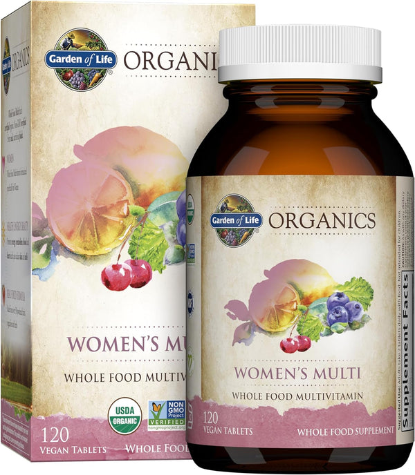 Garden of Life Organics Multivitamin for Women, Womens Multi with Vitamin C, D, Folate, B6, B12, Biotin, Iron, Vegan Whole Food Vitamins for Women, Energy, Skin, Nails, 120 Tablets