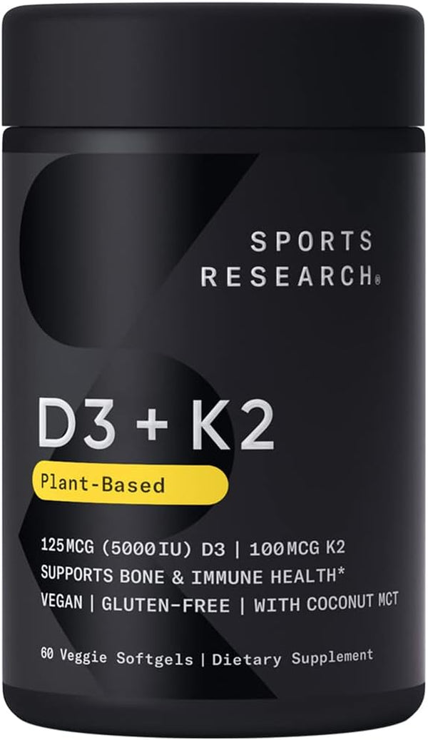 Sports Research Vitamin D3 K2 with Coconut Oil | Plant Based Vitamin K2 MK7 + Vegan D3 5000Iu | Vegan Certified, Soy & Gluten Free - 60 Count Softgels
