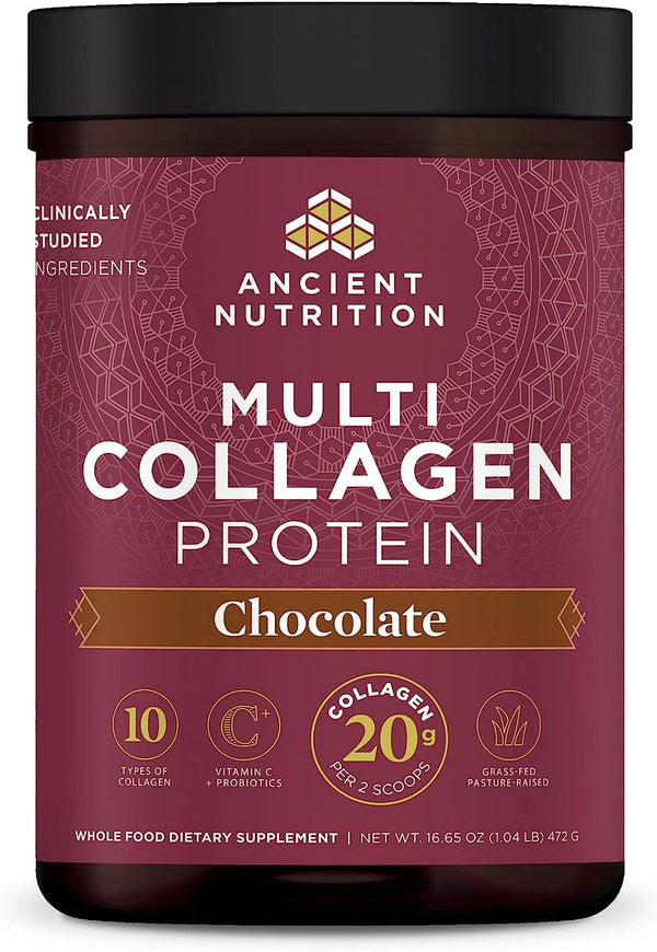 Ancient Nutrition Collagen Powder Protein, Multi Collagen Chocolate Protein Powder, 45 Servings, with Vitamin C, Hydrolyzed Collagen Peptides Supports Skin and Nails, Gut Health, 16.65Oz