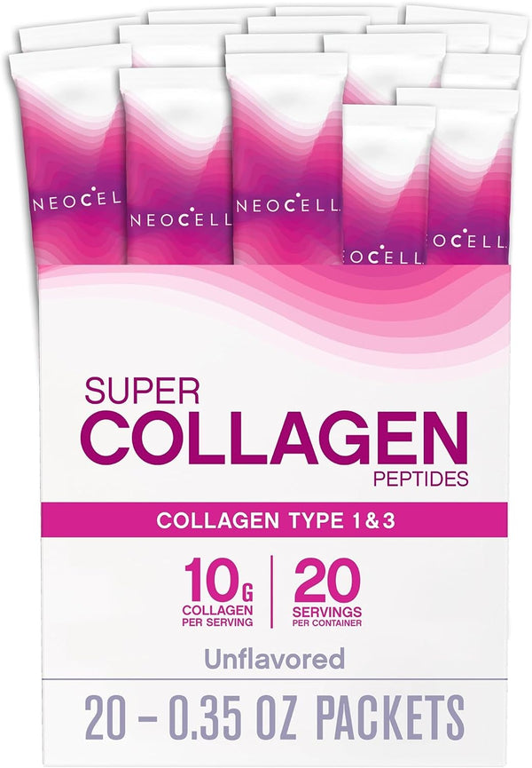Neocell Super Collagen Peptides, 10 G Collagen/Single-Serve Packet; Keto Certified, Gluten Free; for Healthy Skin, Hair, Nails and Joint Support;* Unflavored Powder, 20 Servs, 7 Oz.