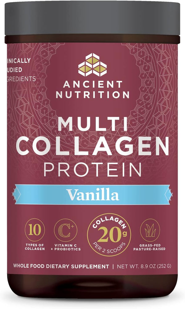 Ancient Nutrition Hydrolyzed Collagen Peptides Powder with Probiotics, Vanilla Multi Collagen Protein for Women and Men with Vitamin C, 24 Servings, Supports Skin and Nails, Gut Health, 8.9Oz