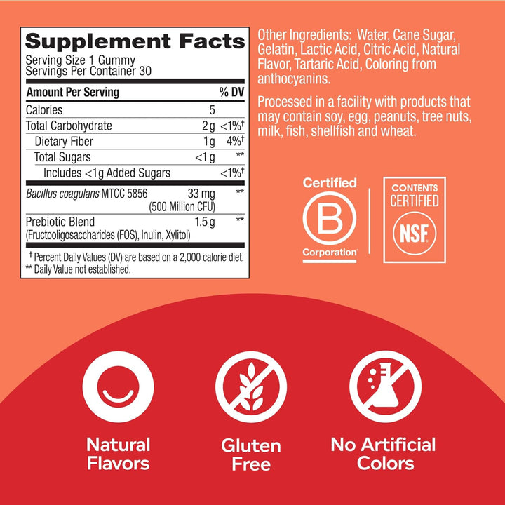 OLLY Probiotic + Prebiotic Gummy, Digestive Support and Gut Health, 500 Million Cfus, Fiber, Adult Chewable Supplement for Men and Women, Peach, 30 Day Supply - 30 Count